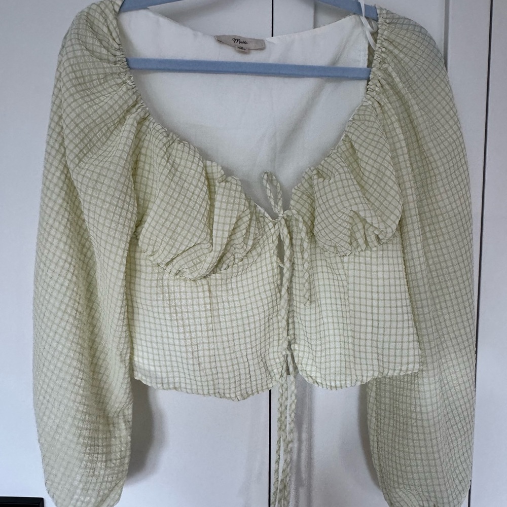 Green and White Puff Sleeve Crop Blouse with Tie Front